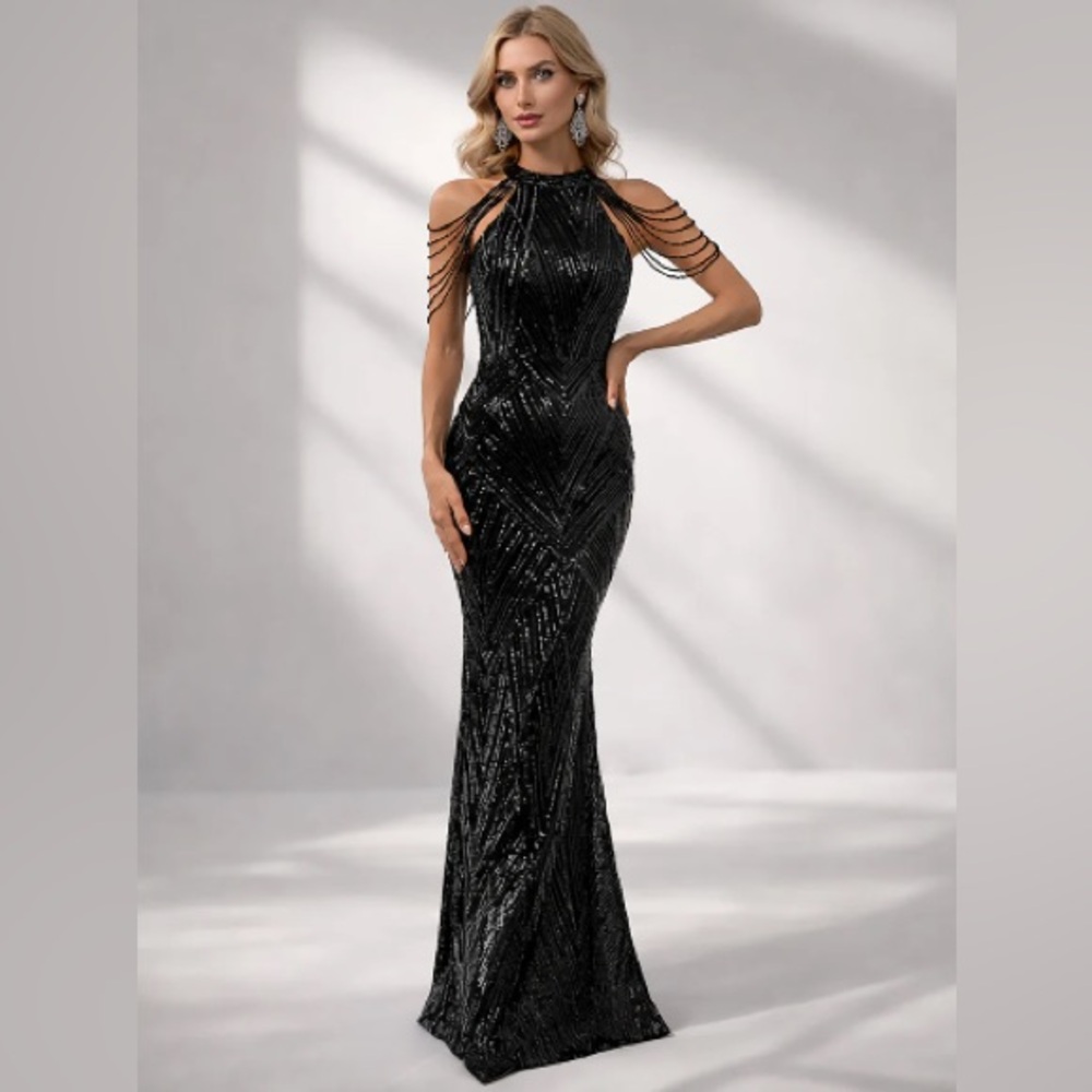 NWT Miss Ord Halter Neck Sequin Mermaid Prom Dress Black Size M Beads Chain